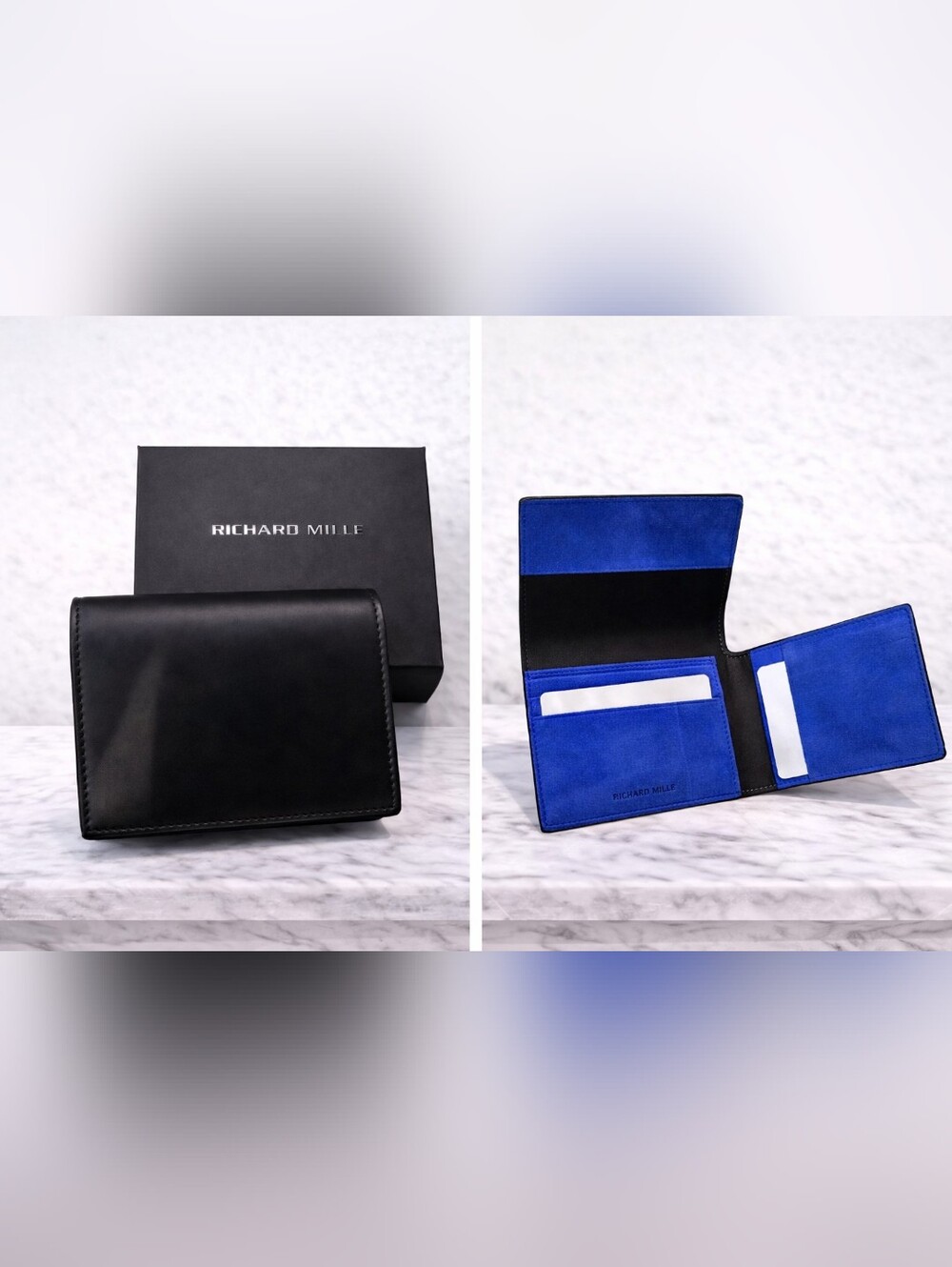 Men’s Richard Mille Black Leather Wallet with Blue Suede Interior